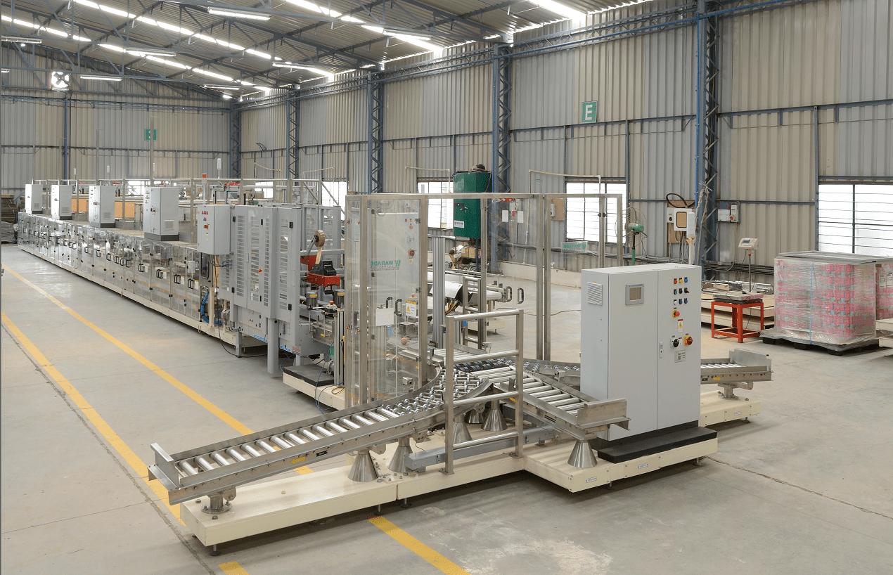 Warehouse storage facility with organized shelves and packaging operations