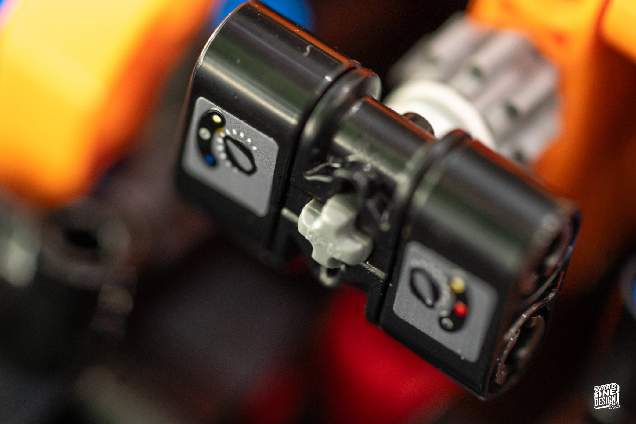 Close-up of Lego McLaren Formula 1â„¢ race car with detailed steering wheel and dashboard components.