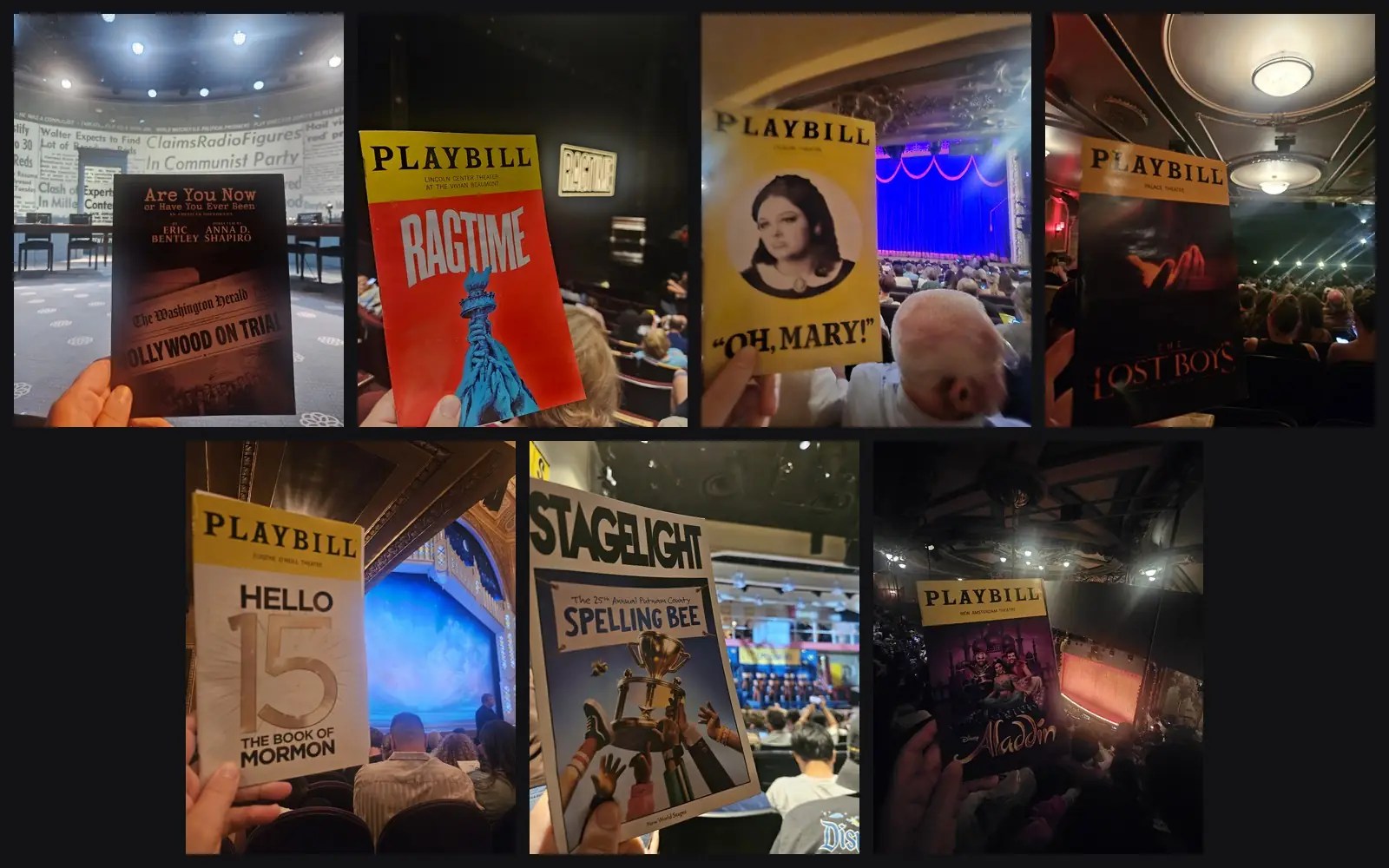 Collage of seven Playbills held up inside Broadway theatres: Are You Now or Have You Ever Been, Ragtime, Oh Mary!, The Lost Boys, The Book of Mormon, The 25th Annual Putnam County Spelling Bee, and Aladdin.