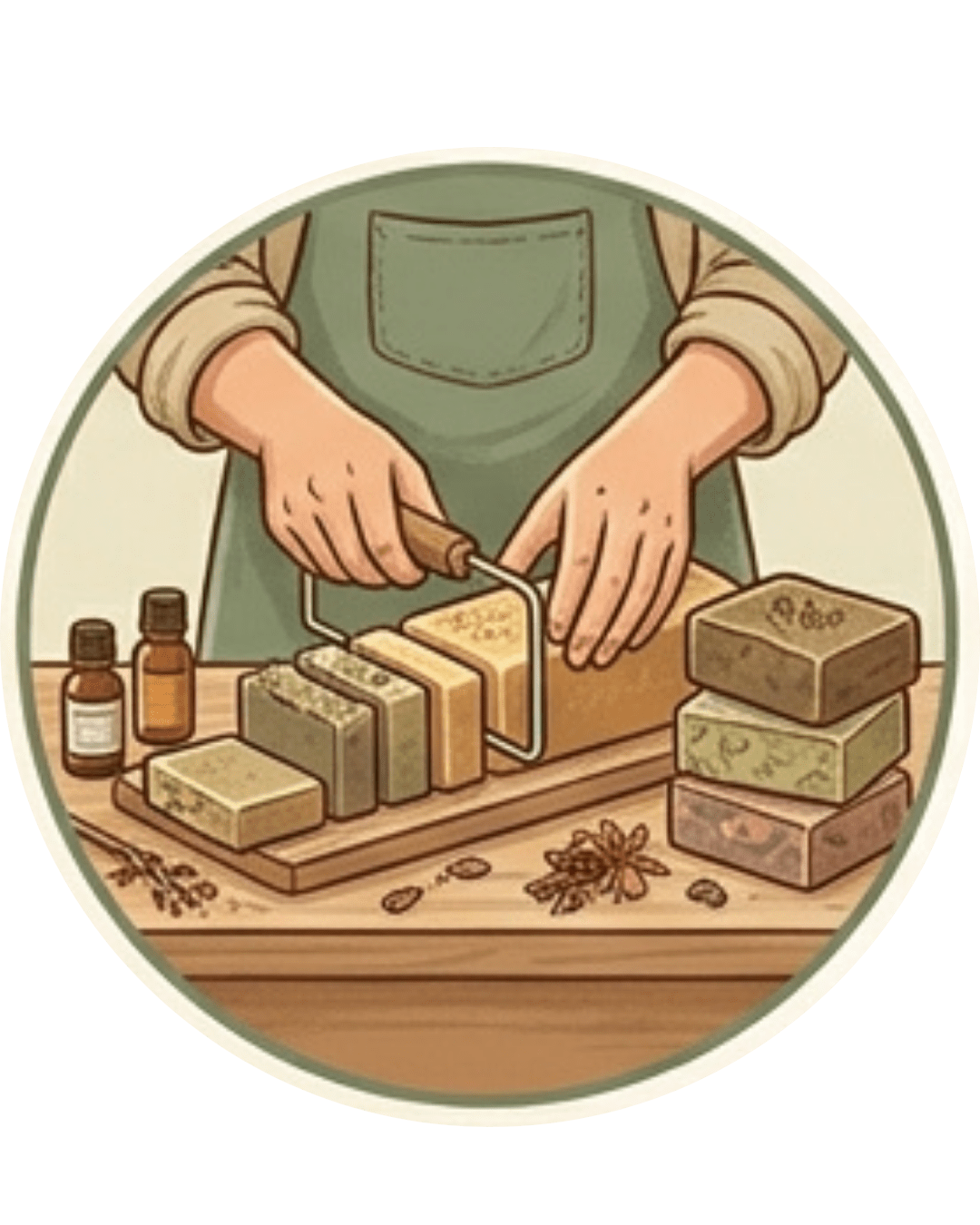 a drawing of a person wearing an apron cutting bars of soap with a cheese cutter
