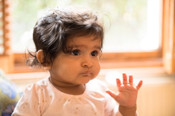 WGP A7-348 7 month old baby girl waving in front of window.