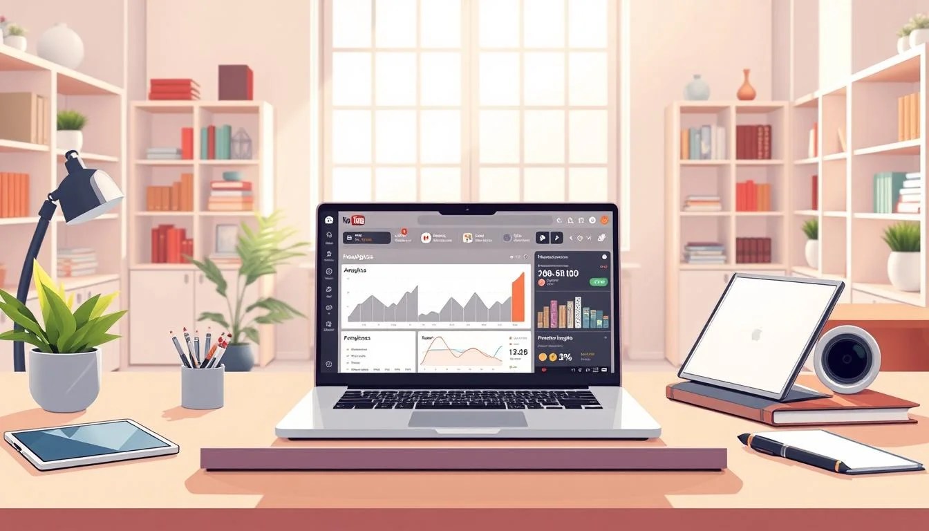 A bright, airy workspace with a modern desktop setup. At the center, a laptop displays YouTube analytics, showcasing engagement metrics, audience insights, and performance data. Surrounding the laptop, an array of digital devices and productivity tools - a tablet, a smartphone, a pen and notebook. The background features minimalist shelving units, with carefully curated books and decor elements that convey a sense of professionalism and creativity. Warm, natural lighting filters in from large windows, creating a welcoming and inspirational atmosphere for the YouTube content creator. The overall scene radiates a mood of focused analysis, strategic planning, and a drive for community growth.