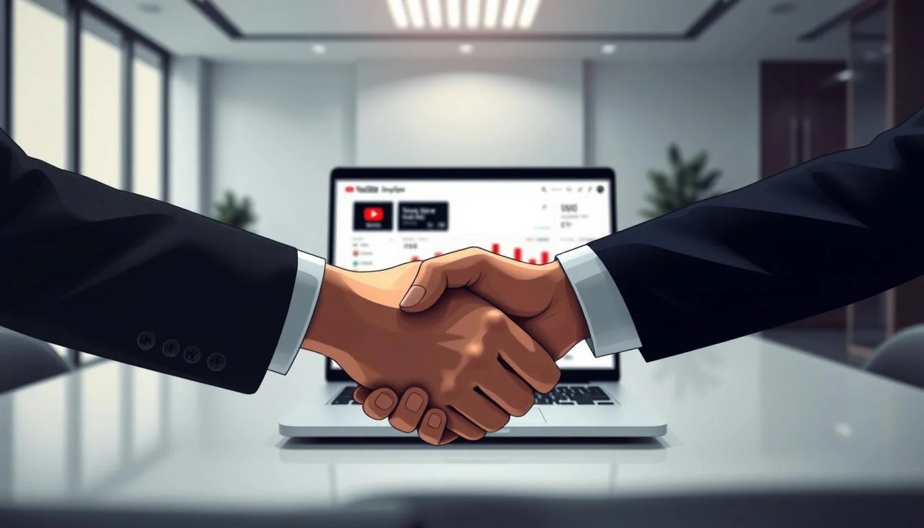 A high-contrast, cinematic image of a YouTube partnership program. In the foreground, two hands shake in a professional handshake against a blurred background. The hands are in focus, showcasing the partnership agreement. In the middle ground, a laptop displays a YouTube analytics dashboard, illustrating the monetization features. The background is a modern, minimalist office setting with clean lines and subdued lighting, creating a sleek, corporate atmosphere. The overall composition conveys a sense of collaboration, progress, and the financial potential of successful YouTube partnerships.