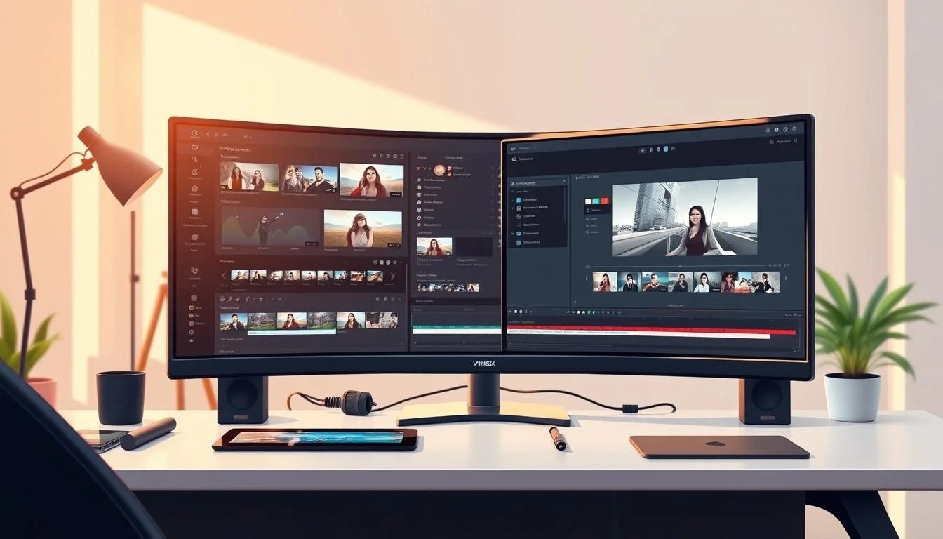 A professional video editing workstation with a sleek, minimalist design. The foreground features a high-end computer monitor displaying various video editing software tools and interfaces. The middle ground showcases a well-organized workspace with a tablet, stylus, and other accessories. The background has a softly lit, modern office setting with neutral tones and clean lines, creating a serene and productive atmosphere. Warm, natural lighting casts a gentle glow, emphasizing the precision and attention to detail required for crafting engaging YouTube videos. The overall scene conveys a sense of expertise, creativity, and the seamless integration of technology to enhance the video editing experience.