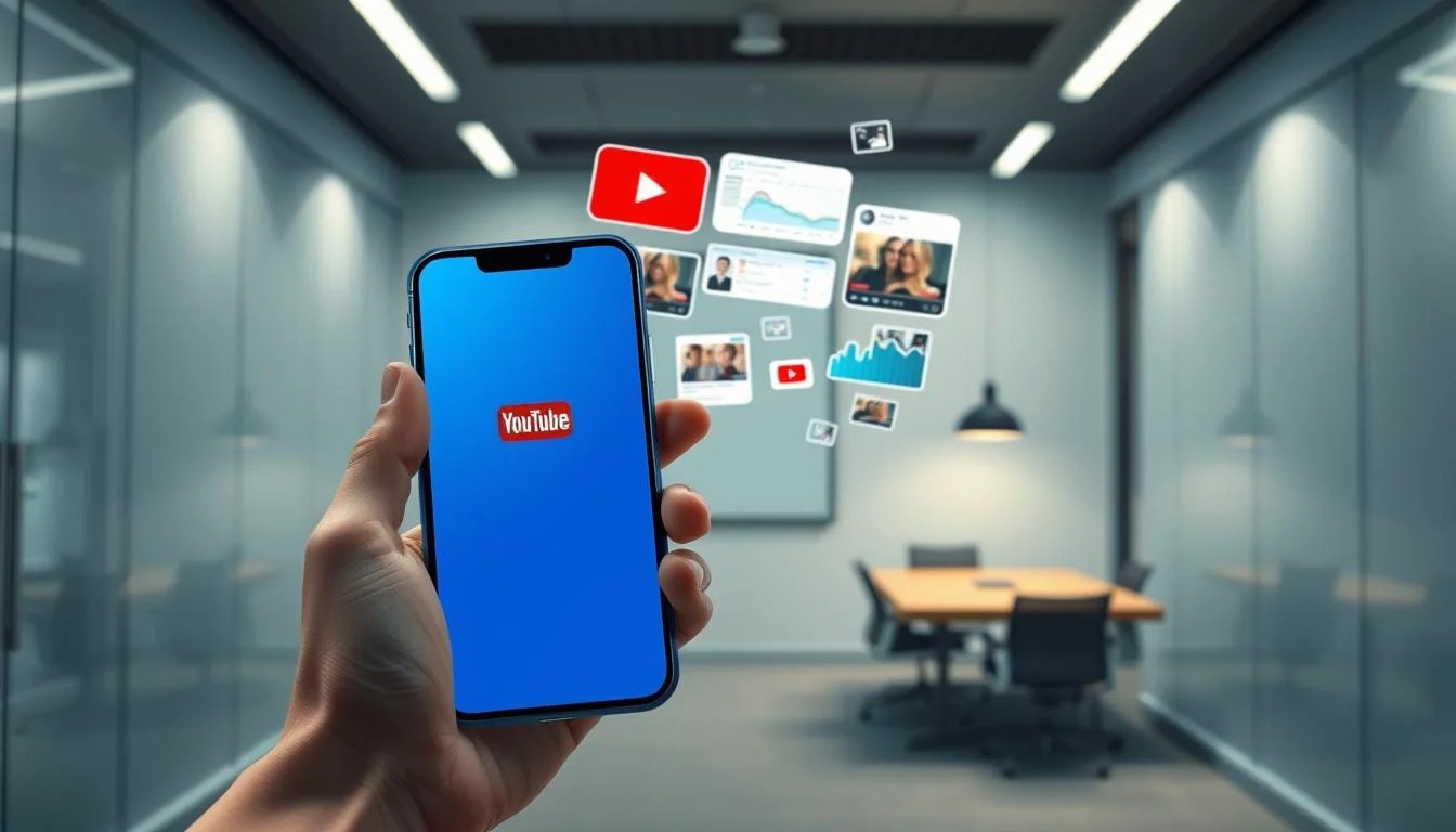 A visually striking image of YouTube Shorts strategies, captured with a crisp, cinematic lens. In the foreground, a hand holds a smartphone displaying the YouTube Shorts interface, the screen's blue hues casting a soft glow. In the middle ground, a collage of YouTube Shorts thumbnails and analytics data float mid-air, conveying the dynamic nature of this platform. The background is a sleek, modern office setting, with clean lines and muted tones that emphasize the professionalism and strategic focus of the scene. Soft, directional lighting illuminates the composition, creating depth and highlighting the key elements. The overall mood is one of innovation, technology, and a methodical approach to maximizing the potential of YouTube Shorts for marketing and content strategies.