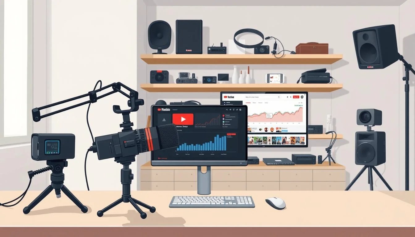 A well-organized YouTube channel, optimized for growth. In the foreground, a stylish desktop setup with a high-quality camera, microphone, and professional lighting. On the screen, a YouTube analytics dashboard showcasing key metrics. In the middle ground, shelves of neatly organized video equipment, cables, and studio accessories. The background features a minimalist, modern interior design with neutral tones, creating a clean and focused environment. Soft, diffused lighting illuminates the scene, emphasizing the attention to detail and professionalism. An atmosphere of productivity and preparation for YouTube success.