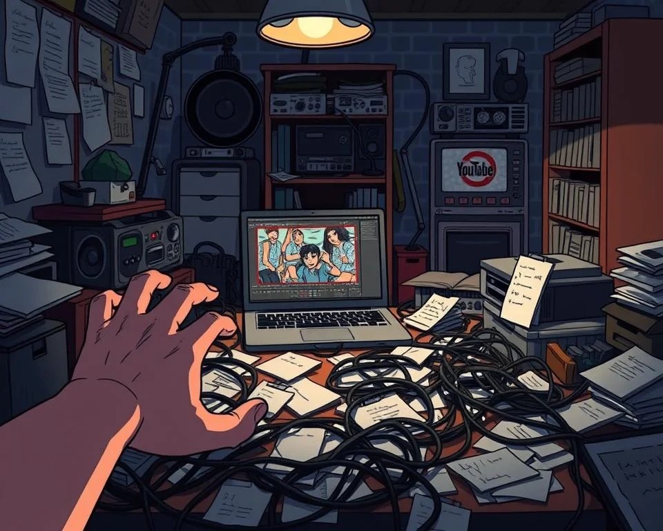 A disorganized workspace with scattered notes, tangled cables, and a laptop displaying a chaotic video editing interface. Dim, moody lighting casts long shadows, conveying a sense of frustration and inefficiency. In the foreground, a hand reaches in, attempting to tidy the mess, but the clutter seems to overwhelm. The middle ground features outdated equipment and a cluttered bookshelf, while the background is blurred, hinting at the larger scope of the YouTube channel's disarray. An unsettling atmosphere of creative stagnation pervades the scene, emphasizing the need for better organization and workflow.