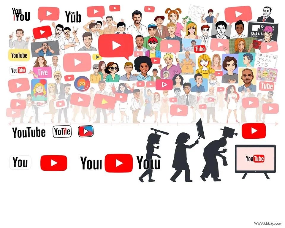 A historical evolution of the YouTube platform, showcasing its growth from a simple video-sharing website to a global media powerhouse. In the foreground, a series of iconic YouTube logos from its early days to the present, transitioning seamlessly. In the middle ground, a collage of YouTube's most influential content creators, celebrities, and viral trends that have shaped its cultural impact. The background depicts a vibrant timeline, charting the platform's key milestones, technological advancements, and shifts in user behavior over the years, all set against a backdrop of a sleek, modern, and minimalist design aesthetic.
