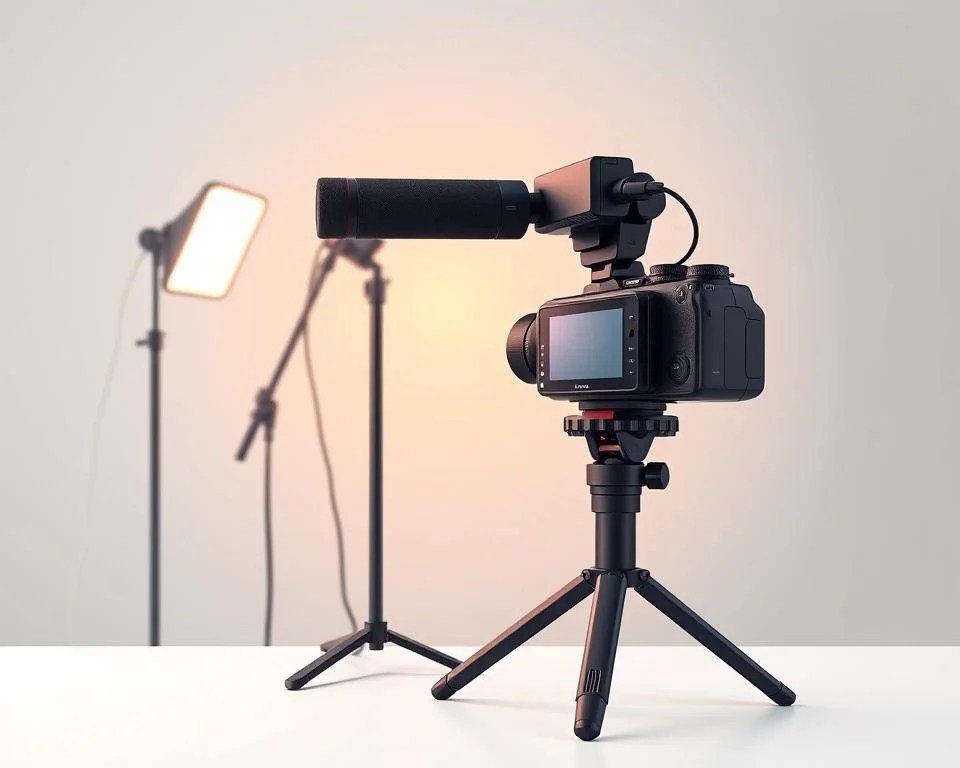 A professional video recording setup on a minimalist white tabletop. In the foreground, a high-quality digital camera mounted on a sturdy tripod, its lens angled to capture the subject. Alongside, a directional microphone on a boom arm, ready to record clear audio. In the middle ground, strategically placed studio lighting with soft, even illumination, casting a warm glow. In the background, a neutral grey backdrop, creating a clean, focused environment. The overall setup conveys a sense of thoughtful preparation and technical expertise, ideal for producing high-quality YouTube content.