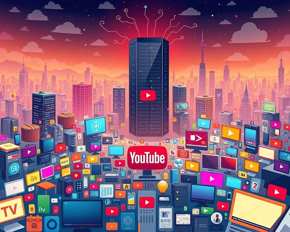 A sprawling digital ecosystem of the YouTube platform. In the foreground, a vibrant tapestry of colorful icons, widgets, and interactive elements representing the diverse content and features that make up the YouTube experience. In the middle ground, a towering stack of servers and data centers, the powerful infrastructure that powers the platform. In the background, a dynamic landscape of digital devices and connectivity, symbolizing the ubiquity of YouTube across the modern digital landscape. Lighting is crisp and evocative, with a sense of depth and dimensionality. The overall mood is one of technological sophistication, innovation, and the vast scale of the YouTube digital ecosystem.