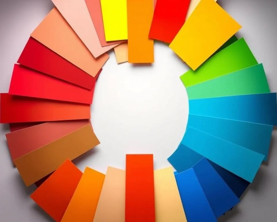 A vibrant, eye-catching thumbnail showcasing the psychology of color. Centered in the frame, an arrangement of vivid color swatches, ranging from bold reds and oranges to serene blues and greens. The swatches are displayed against a sleek, minimalist background, allowing the colors to take center stage. Soft, diffused lighting accentuates the depth and saturation of the hues, creating a sense of depth and dimensionality. The overall composition is balanced and harmonious, drawing the viewer's attention to the captivating interplay of color and its psychological impact. A sophisticated, modern aesthetic that captures the essence of the "Psicologia das Cores" section of the YouTube article.