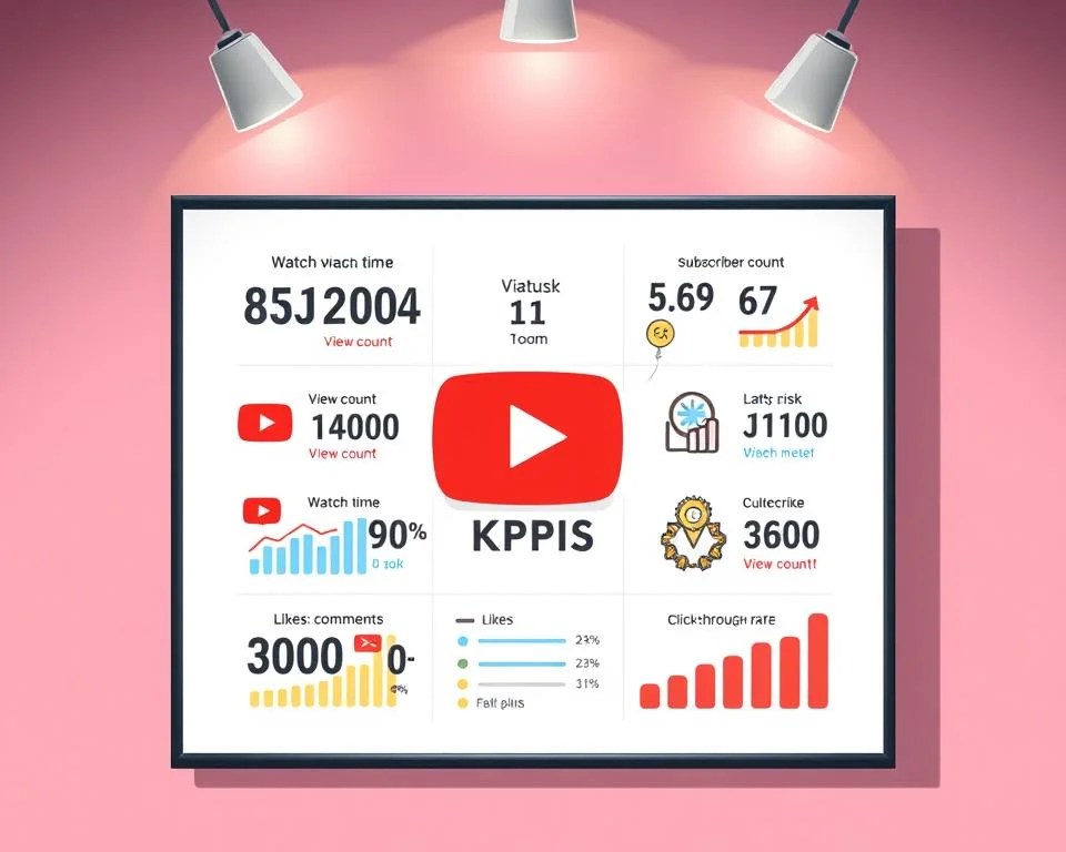 A vibrant infographic-style illustration of the main YouTube KPIs, including view count, watch time, subscriber count, likes, comments, and click-through rate. The metrics are presented in a clean, modern design with clear data visualizations and icons against a minimalist white background, creating a sense of simplicity and focus. The composition is balanced, with the KPIs arranged in a visually appealing grid layout. Soft, warm lighting from the top left casts subtle shadows, adding depth and dimension to the image. The overall style is polished, informative, and well-suited for use in a professional article about analyzing YouTube performance metrics.