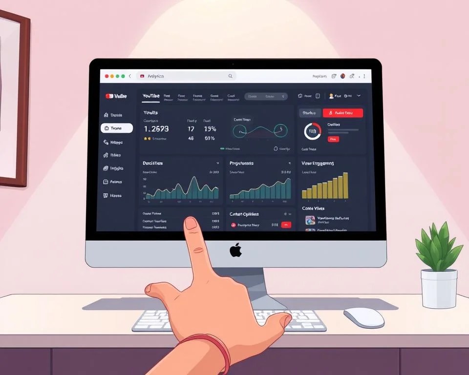 A well-organized YouTube Analytics dashboard displayed on a modern, minimalist computer setup. The screen showcases detailed performance metrics, viewer engagement statistics, and content optimization insights. Soft, indirect lighting illuminates the scene, creating a warm and professional atmosphere. The dashboard's user interface features a clean, intuitive layout with clear data visualizations. In the foreground, a hand gestures towards the screen, inviting the viewer to explore and analyze the data. The overall scene conveys an efficient, data-driven approach to understanding YouTube channel performance.