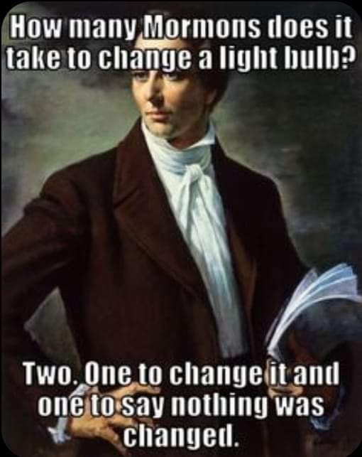 How many mormons does it take to change a light bulb? Two, One to change it and one to say nothing was changed.
