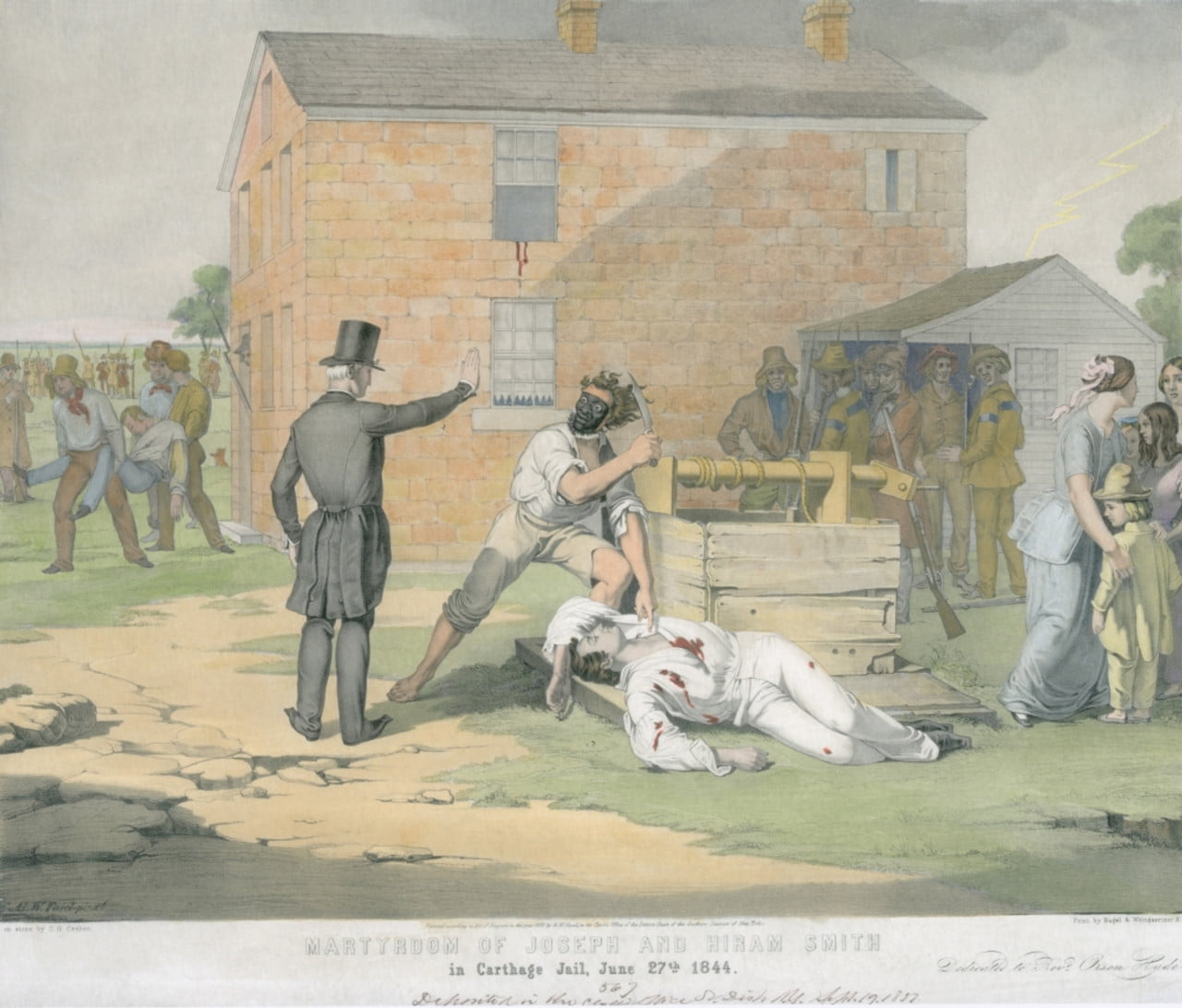 Martrydom of Joseph Smith and Hyrum Smith. A lingering member of the Warsaw militia, his face blackened with mud and gunpowder, is about to decapitate Joseph Smith's corpse. A Mormon witness claimed a pillar of light thrust down from heaven and the made ruffian's arm powerless. In the background, the dead body of Hyrum Smith is carried from the jail.