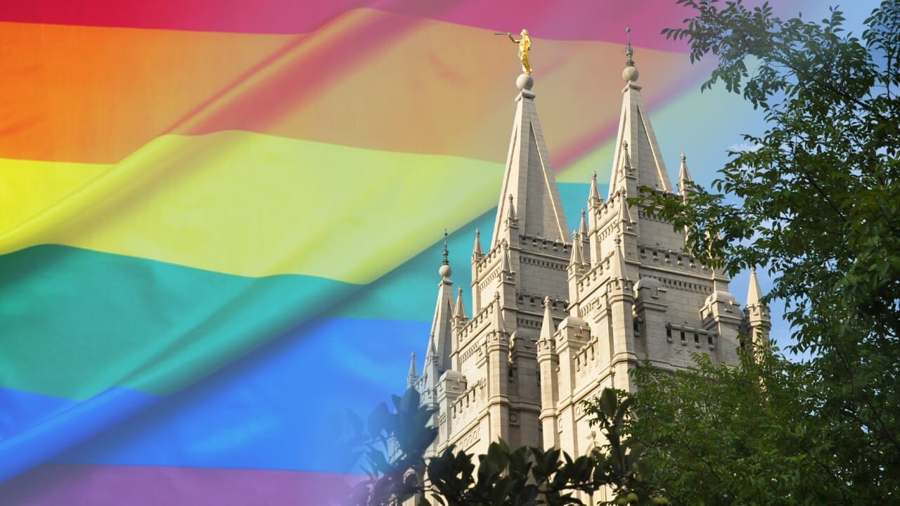 Rainbow flag for LGBQT support juxtaposed with the Mormon Salt Lake City Temple