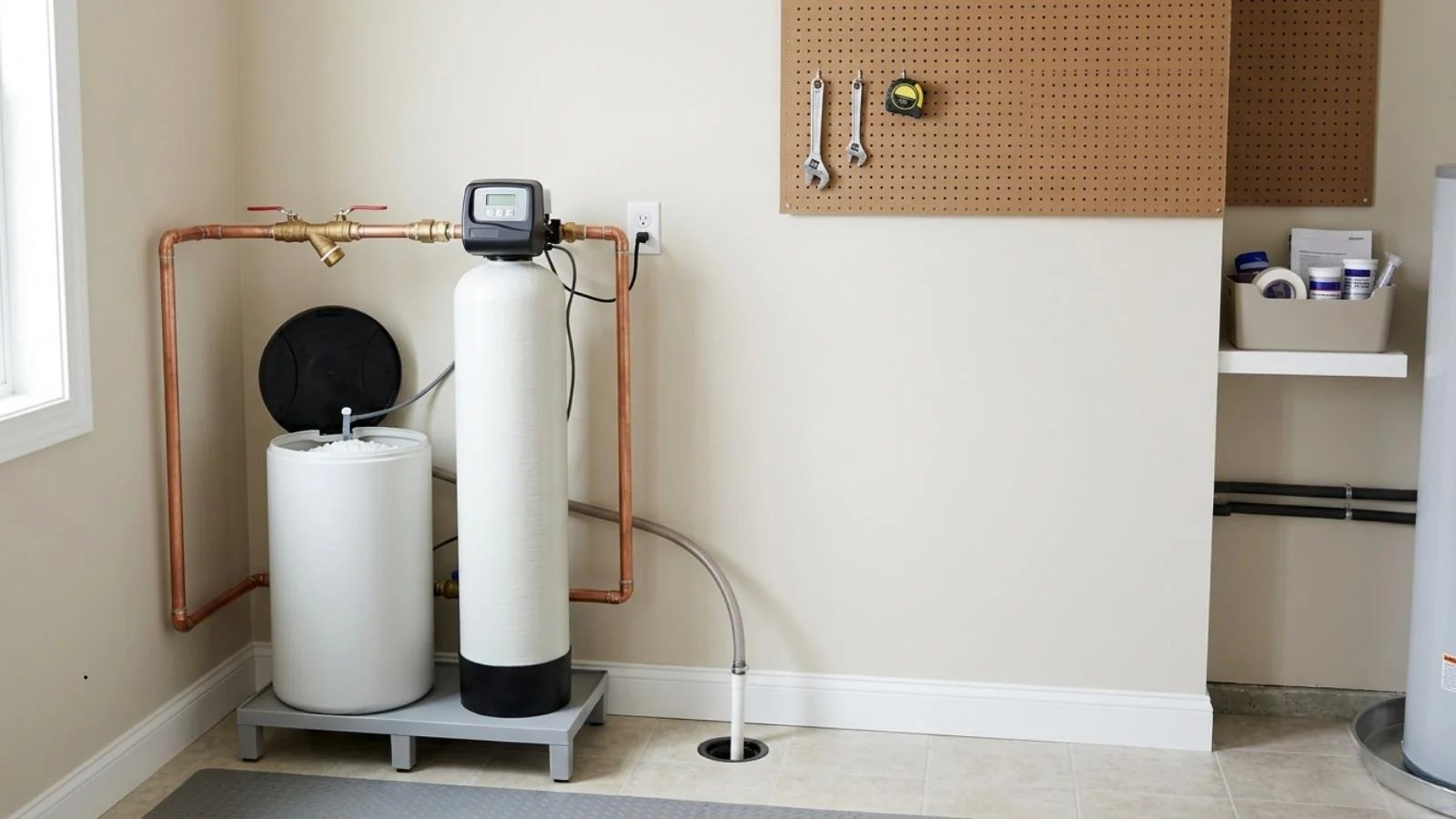 Water softener installation in a residential utility room