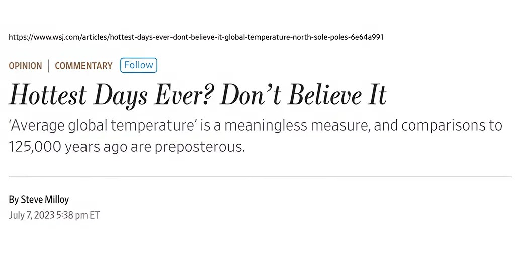 Milloy in the WSJ, Beware the Heat Hype: The Misleading Madness of 'Mean Global Temperatures' • Watts Up With That? - Vimarsana News
