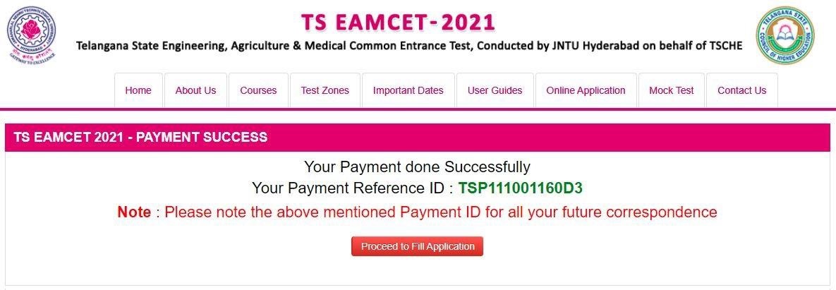 TS EAMCET Online Application Screen 4 - Payment successful