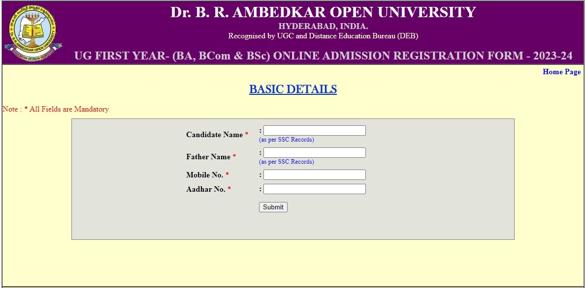 Ambedkar Open University UG Application with basic details form