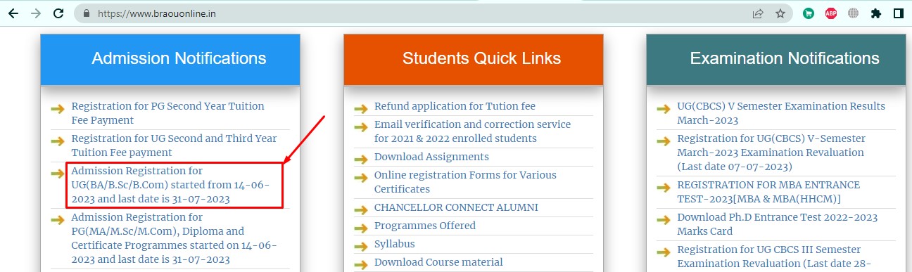 BRAOU UG Admission 2023 Registration Link