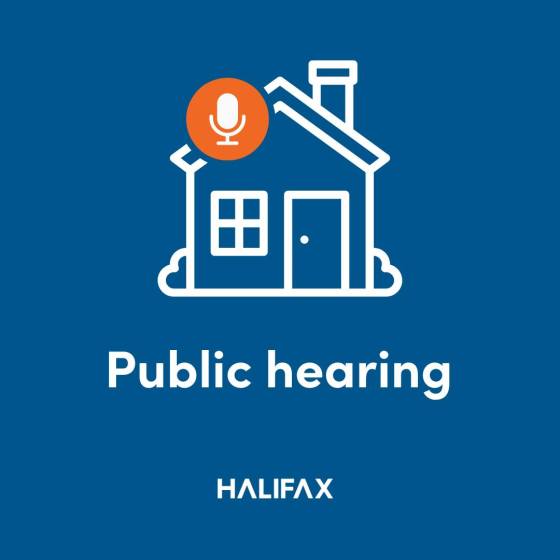Blue Background with white text and white outline graphic of a small one story house, with a round orange button with a white microphone graphic. Text reads "Public Hearing"