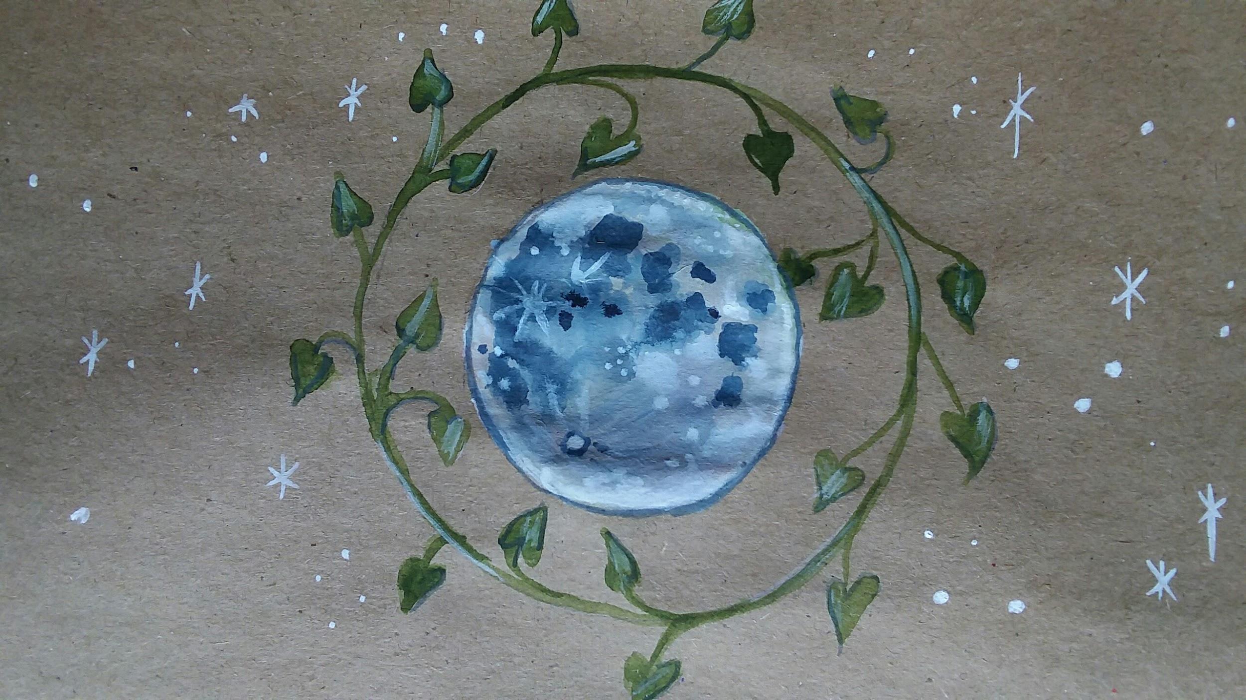 watercolor painting of the moon surrounded by ivy and stars