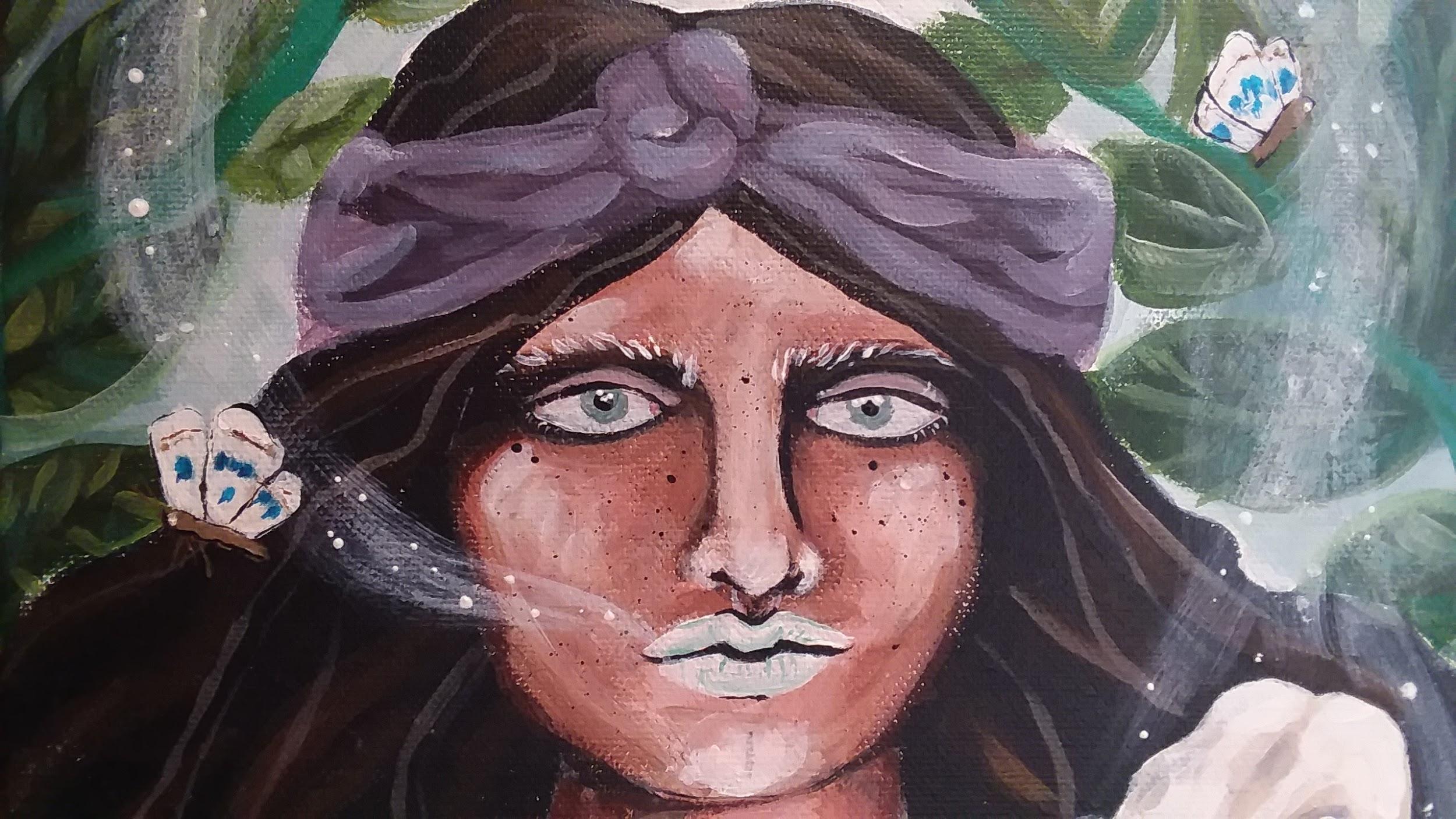 painting by tiana mystical woman in headwrap surrounded by leaves and moths exhaling