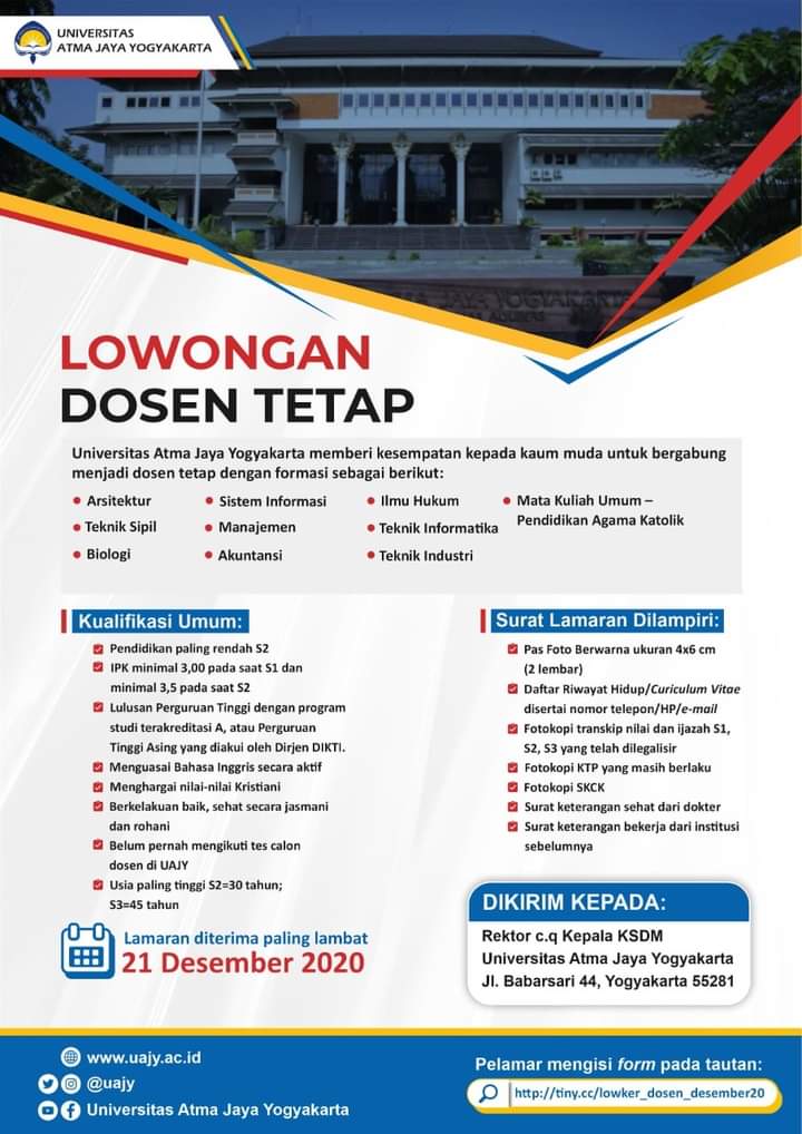 43, sleman, yogyakarta indonesia 55281; Lowongan Dosen Tetap Universitas Atma Jaya Yogyakarta Wcc