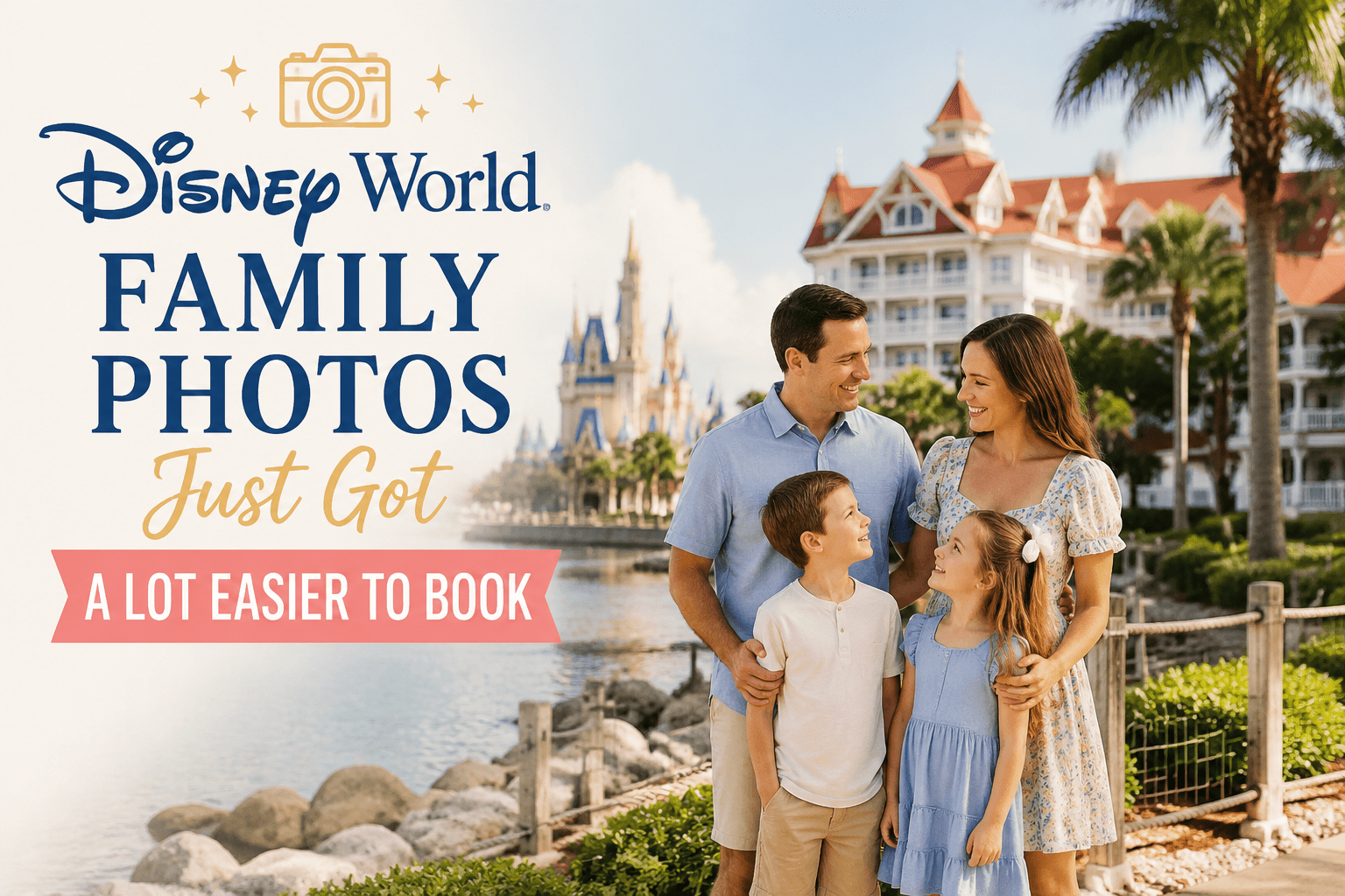 Disney World family photos featuring a couple and two kids at Grand Floridian Resort