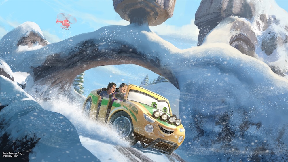 Magic Kingdom Just Announced Its Biggest Expansion Ever — Here's Everything We Know About Piston Peak and Villains Land Cars Ridge Run Rally ride vehicle climbing a snow-covered mountain at Piston Peak National Park
