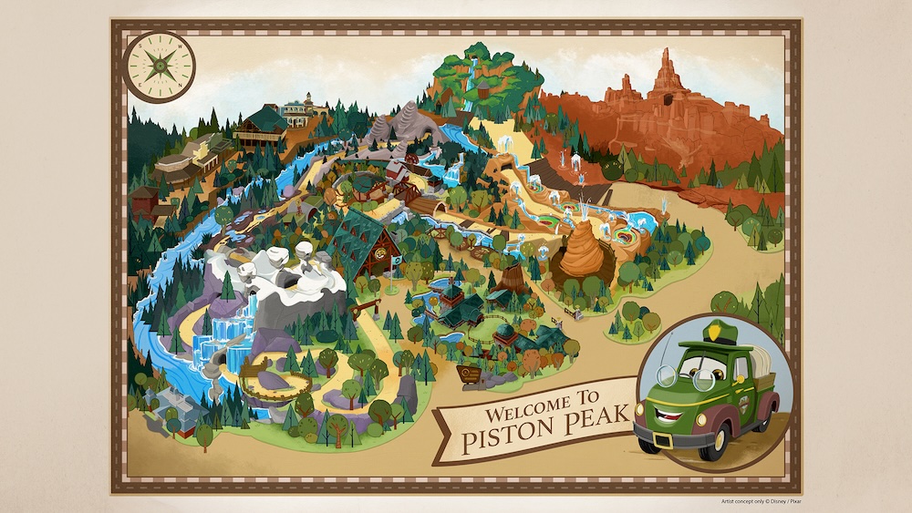 Concept art of Piston Peak National Park and Villains Land, Magic Kingdom's newest expansion