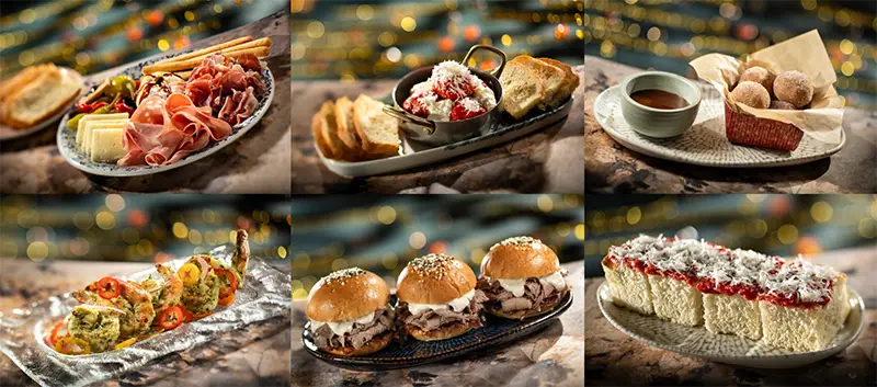 Small plates from the Hurly-Burly menu, including meatballs and tomato pie