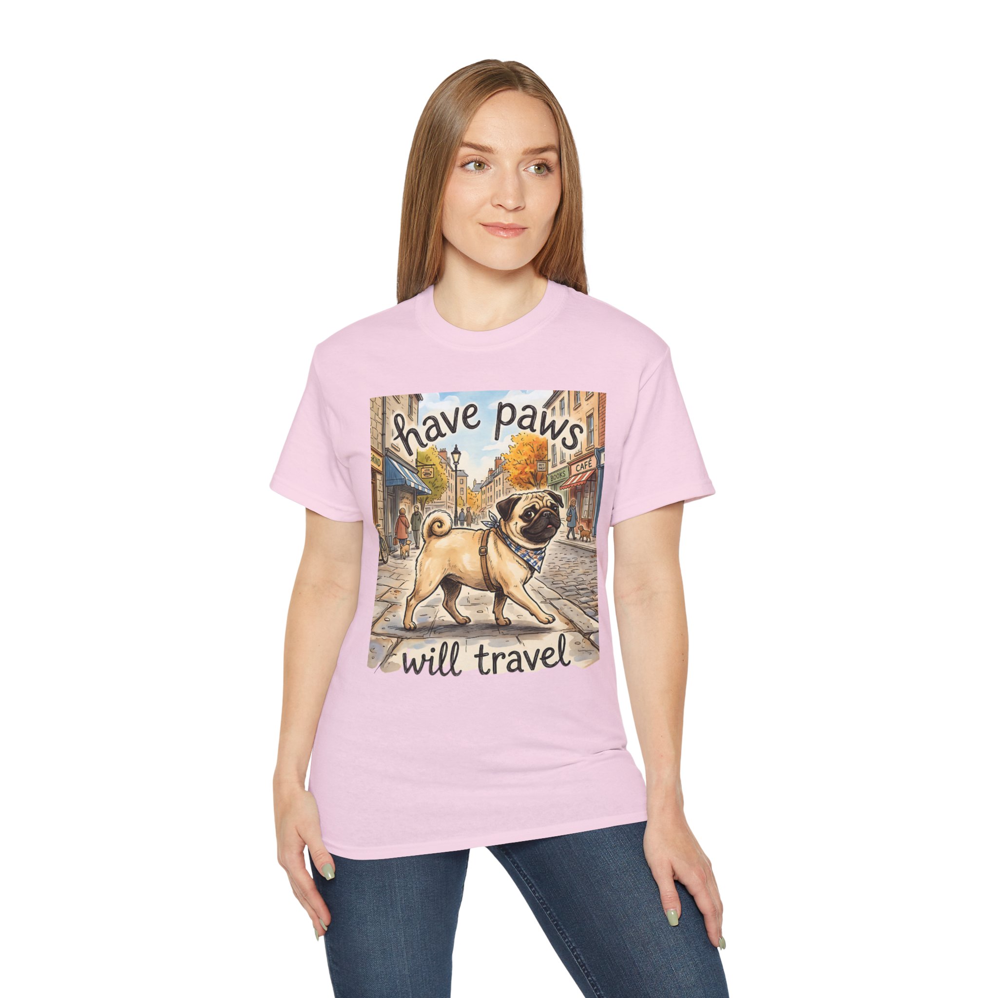 WOMENS - Pug Travel Tee — "Have Paws, Will Travel" Dog Lover T‑Shirt