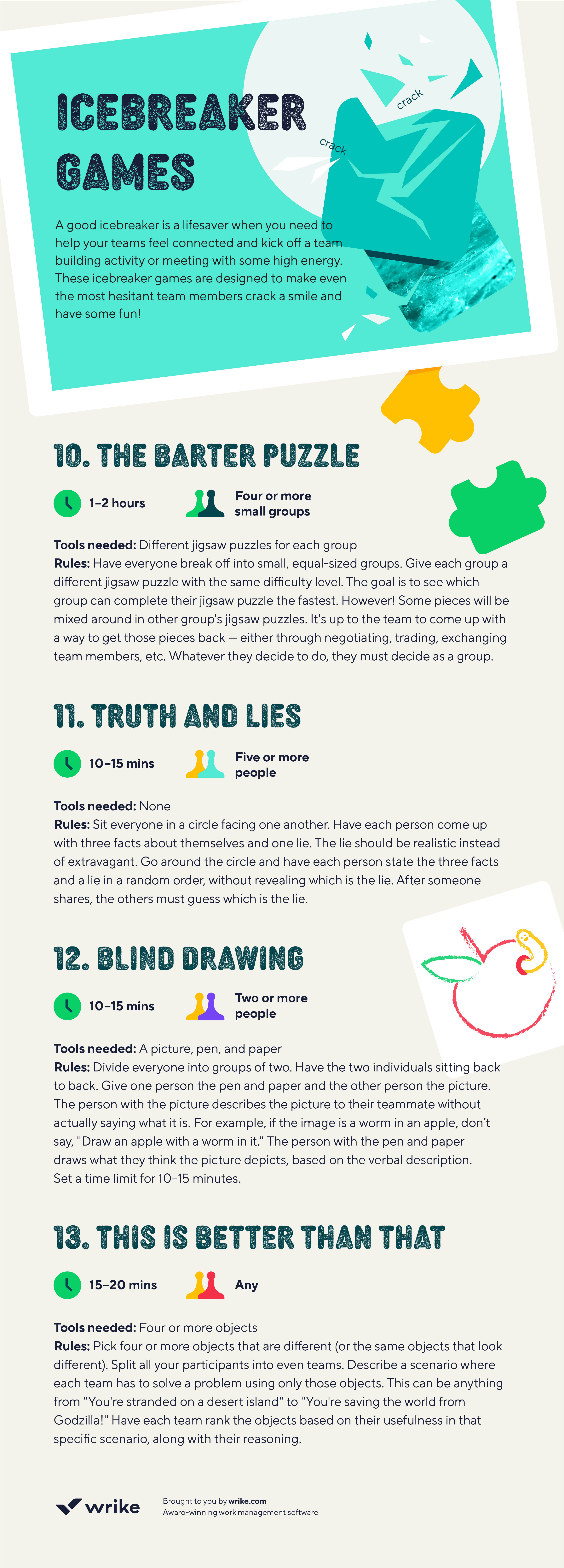 Online team games & activities for virtual team building. 13 Awesome Team Building Games Infographic