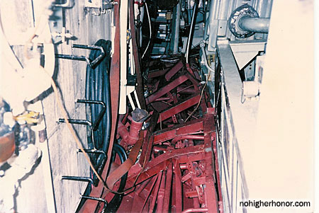 A view of the main engineroom on the guided missile frigate USS SAMUEL B. ROBERTS (FFG-58) damaged when the ship struck a mine while on patrol in the Persian Gulf on April 14, 1988. Photo taken 3 May 1988. The ship was in dry dock undergoing temporary repairs.