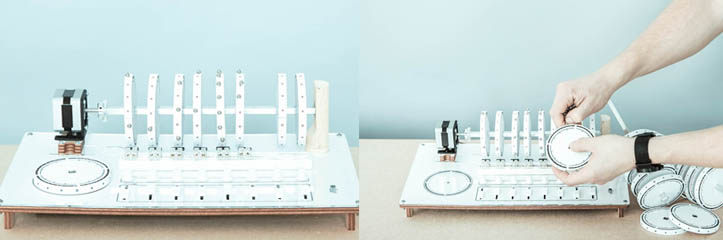 Axel Bluhmeのドラム・マシンは磁石と回転しているディスクを使って音を引き起こします