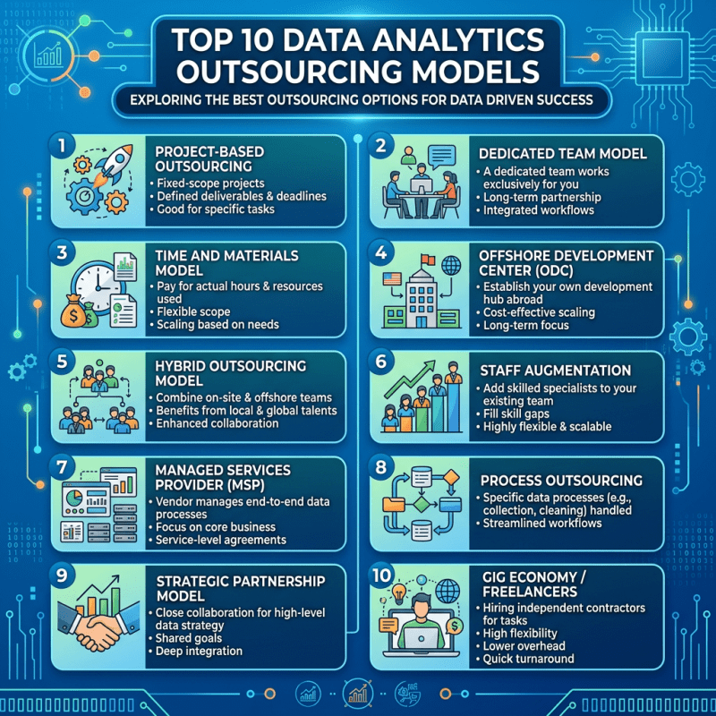 Infographic titled 'Top 10 Data Analytics Outsourcing Models' outlining various outsourcing options for data-driven success, including project-based outsourcing, dedicated team model, offshore development center, time and materials model, hybrid outsourcing model, staff augmentation, managed services provider, process outsourcing, strategic partnership model, and gig economy/freelancers.