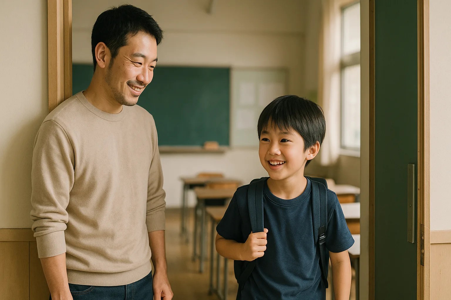 教室に入る男の子と見守る父親
