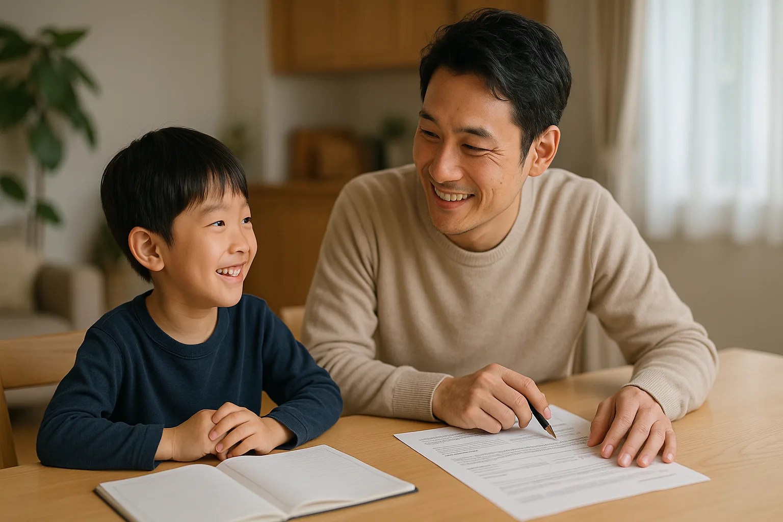 父親と子どもが面談の準備をしている様子