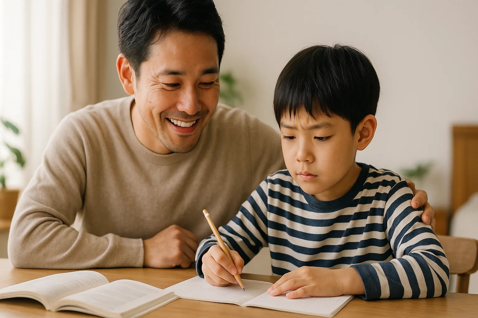 家で宿題を教える父親
