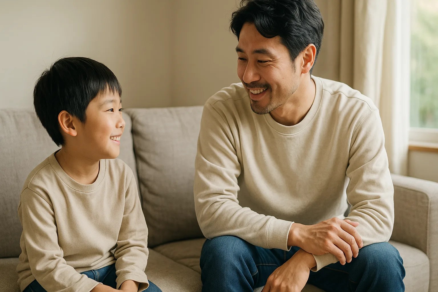 父親と子どもがリビングで対話している様子