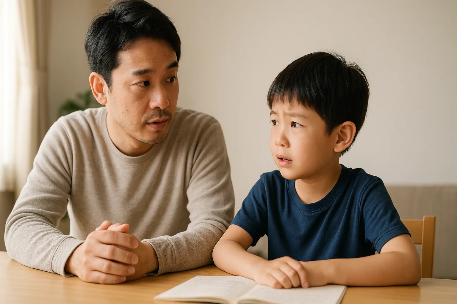 机で話し合う親子