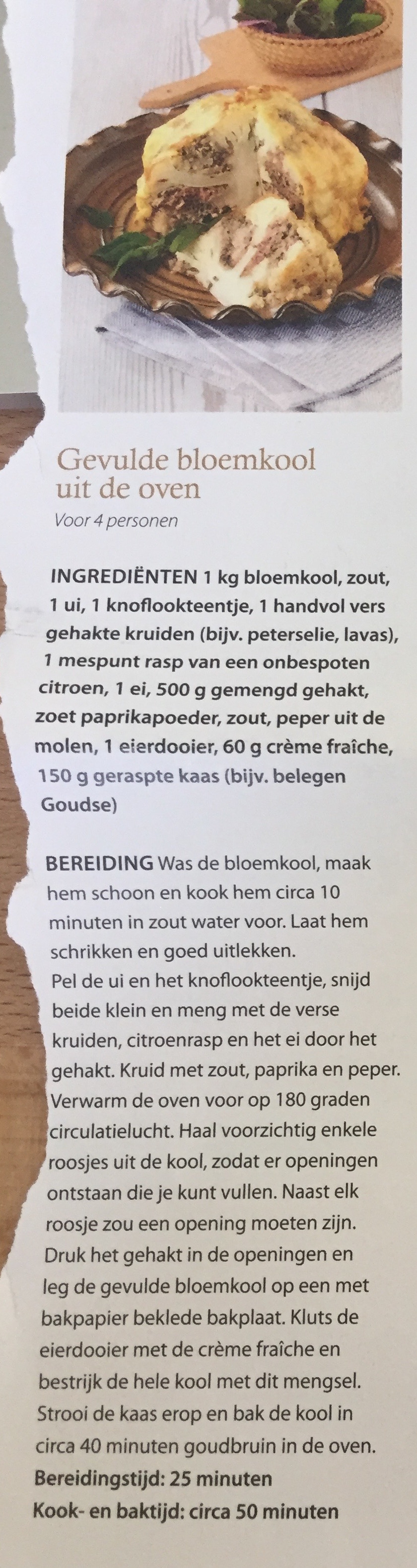 Foto van een recept gevulde bloemkool