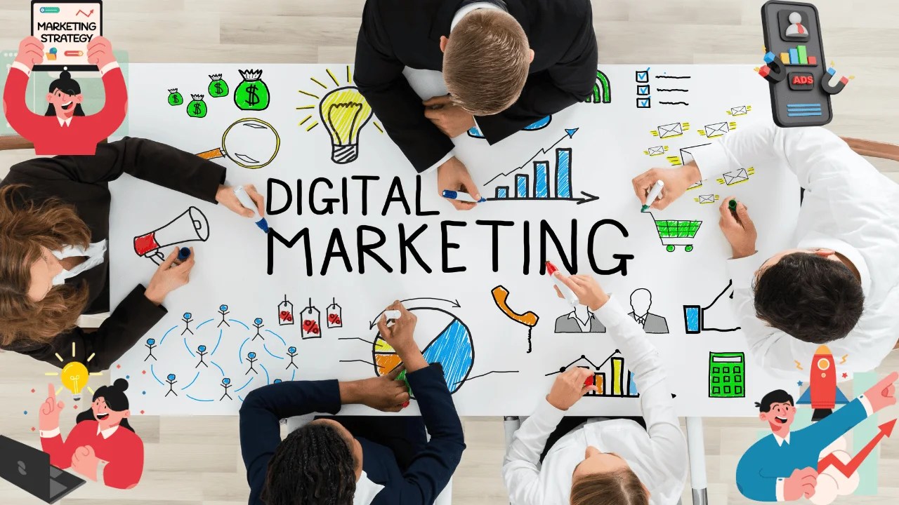 Top view of a team brainstorming digital marketing strategies with hand-drawn graphics on a whiteboard, symbolizing business growth, online advertising, and brand promotion.