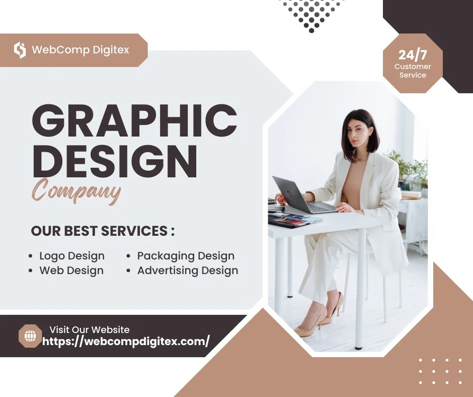 A professional woman in a white suit working on a laptop, with text highlighting "Graphic Design Company" and services like logo design, web design, packaging design, and advertising design.
