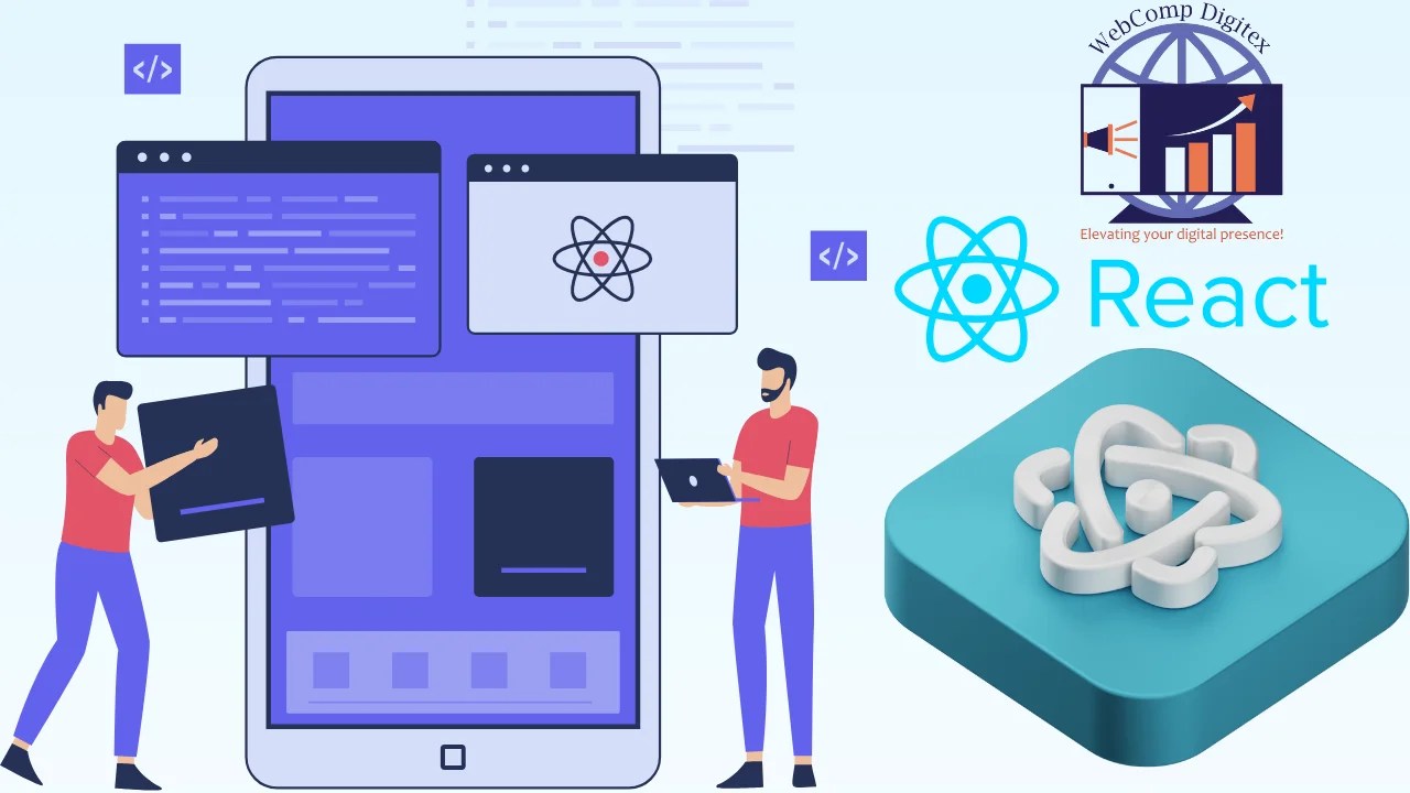 Promotional graphic showing React JS website development service by Webcomp Digitex with laptop and Pune skyline