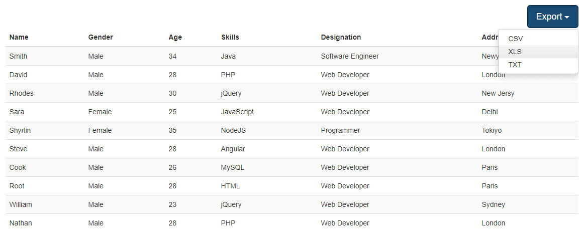 Export HTML Table Data to Excel, CSV, Text with jQuery, PHP and MySQL | WD
