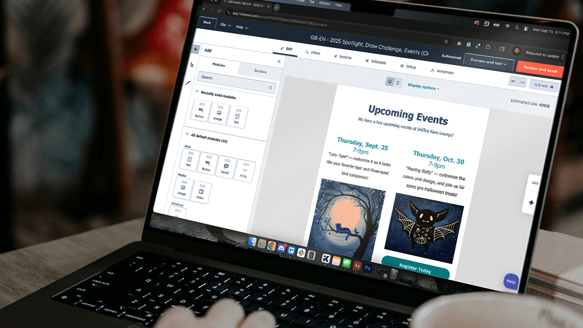 Over the shoulder shot of a user editing an email campaign of events