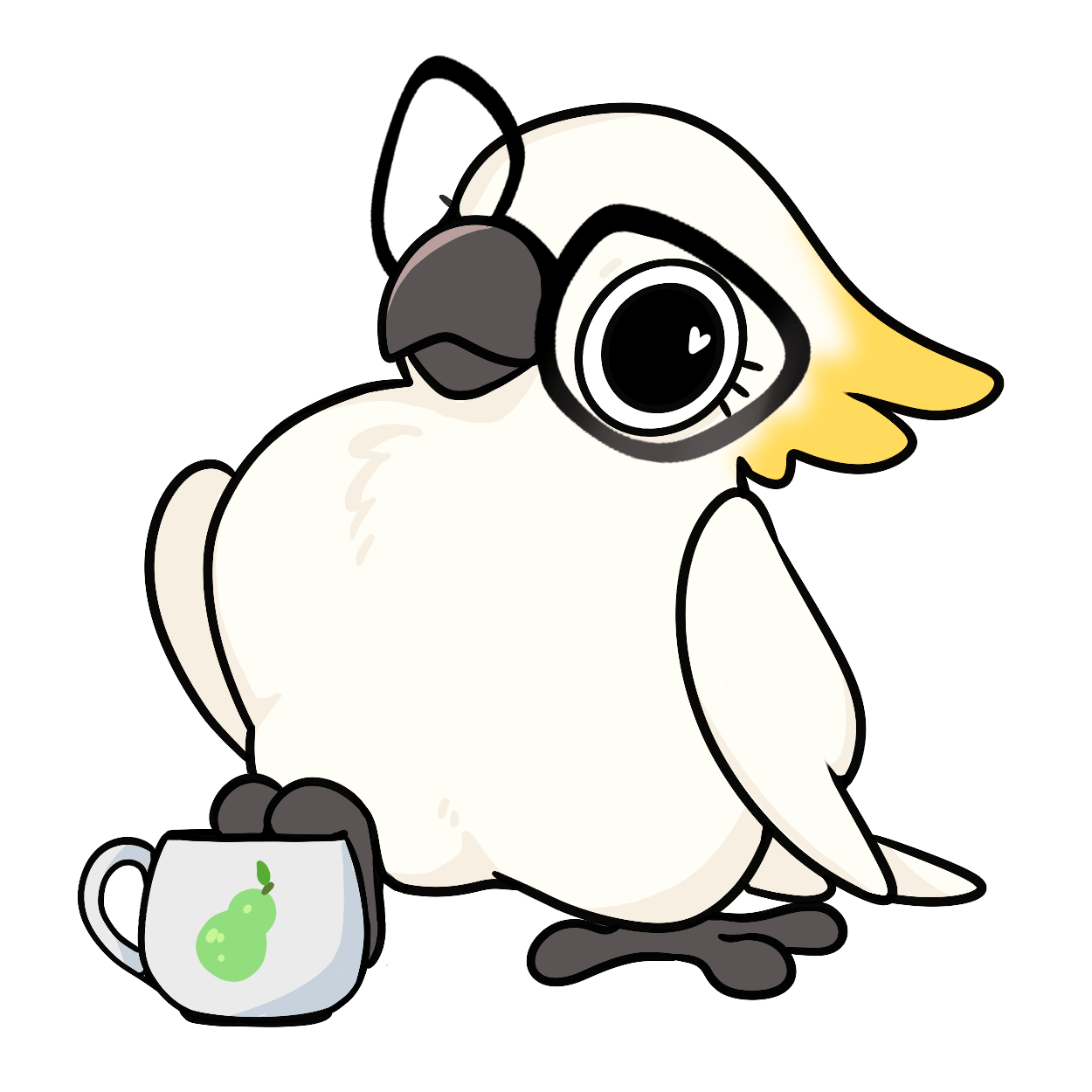 Pixel, WebDesignToo's mascot, neutral with coffee